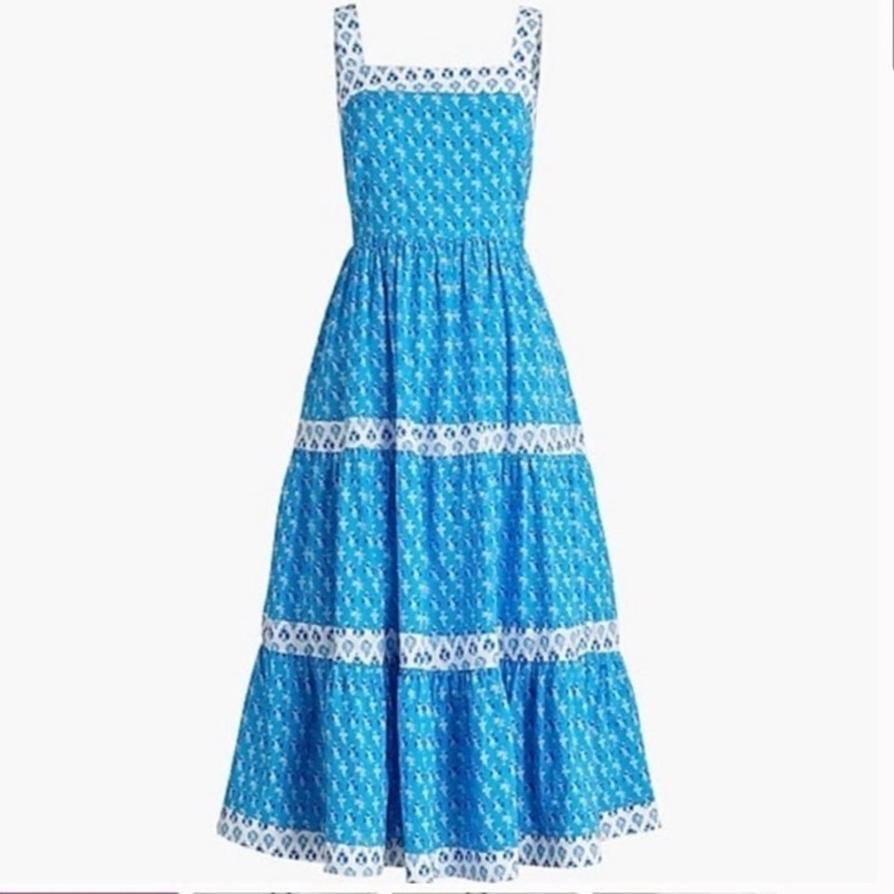J. Crew Medallion Printed 100% Cotton Tiered Dress, Blue & White Midi, Sz 0